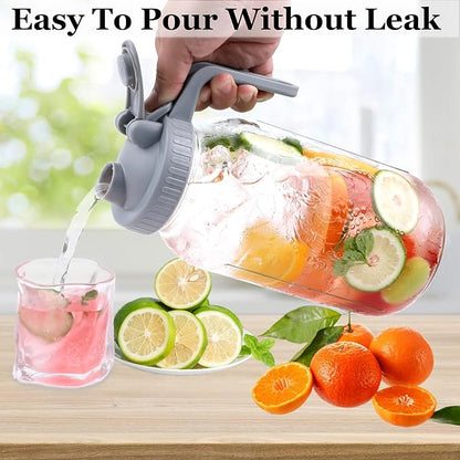 Mason Jar Pitcher Wide Mouth 2 Pack 64 OZ Glass Pitcher With Pour Spout Lids Airtight Leak-proof 2 Quart Water Carafe With Handle For Beverage, Iced Tea, Milk, Sun Tea, Lemonade, Iced Coffee