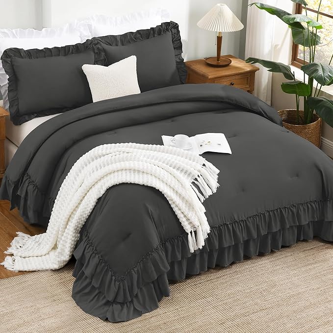 Andency Dark Gray California King Comforter Set, 3 Pieces Lightweight Fluffy Farmhouse Shabby Chic Bedding Comforter Sets, Soft Microfiber All Season Cal King Bed Set (104x96Inch)