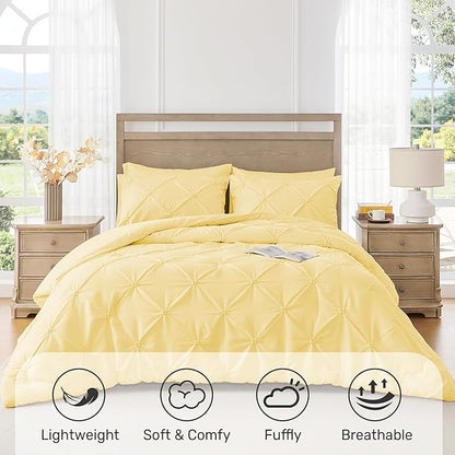 UNIKOME King Size Comforter Set Yellow - Ultra Soft Boho Pintuck Down Alternative Bedding Set for All Seasons, 3 Pieces Lightweight Warm Pinch Pleat Bed Set with Comforter, 2 Pillowcases