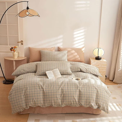 HighBuy Khaki Gingham Comforter Set Queen Modern Chic Plaid Comforter Set 3 Pieces Soft Fluffy Grid Checkered Patchwork Pattern Comforter with 2 Pillowcases Gingham Plaid Bedding Set Queen