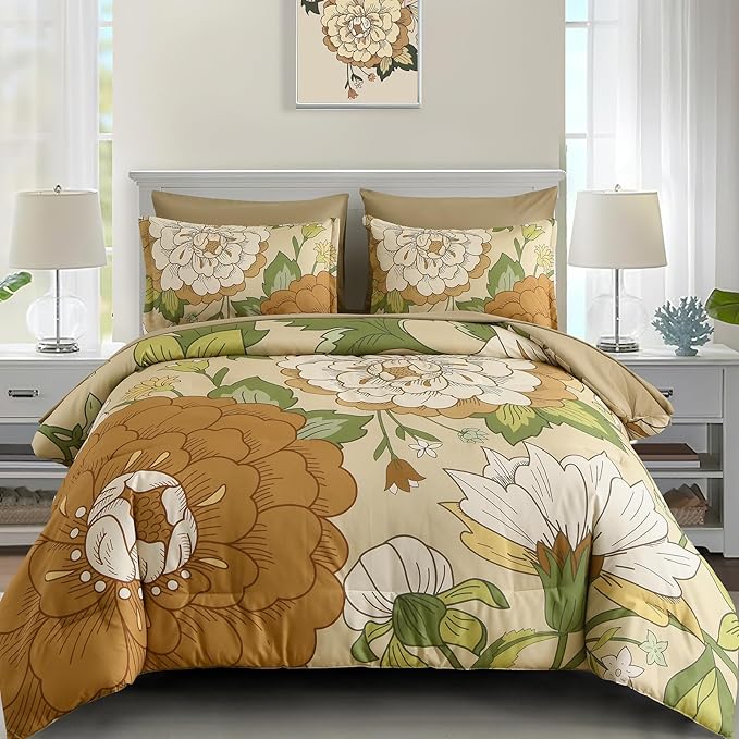 DJY Floral Comforter Set Queen Size Boho Bed in a Bag 7 Pieces Yellow Botanical Pattern Comforter with Sheet Set, Soft Microfiber Farmhouse Bedding Set for All Season (90''x90'')