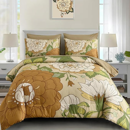 DJY Floral Comforter Set King Size Boho Bed in a Bag 7 Pieces Yellow Botanical Comforter with Sheet Set, Soft Microfiber Farmhouse Bedding Set for All Season (104''x90'')