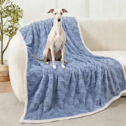 Luciphia Waterproof Dog Blanket for Large Dogs Washable Soft Sherpa Fleece Cat Blankets with 3D Jacquard Cozy Calming Reversible Bed Couch Protector Furniture Protection for Pet,Blue White, 65x57 inch