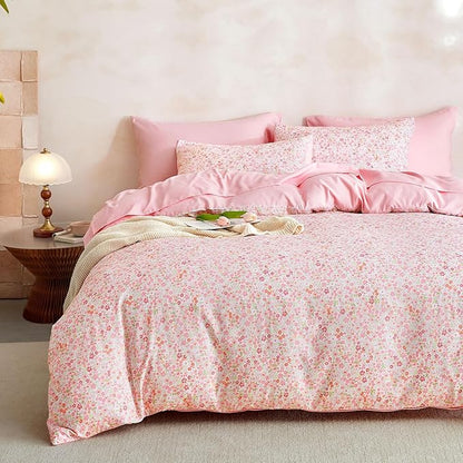 Wake In Cloud - Floral Comforter Set, Cute Vintage Flower Cottagecore Aesthetic for Women Teen Girls, Soft Lightweight Dorm Bedding, 3 Pieces, Pink, Full Size