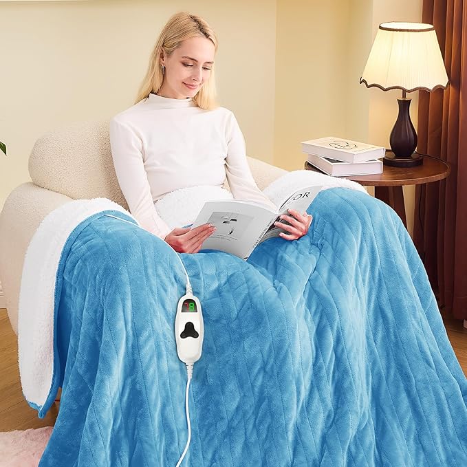 greenoak Heated Blanket Electric Twin 62"X84", Heating Blankets with 10 Levels 8 Hours Auto-Off, Soft Flannel Sherpa Fluffy House Warming Gifts for Grandma Seniors Momt, Pale Blue