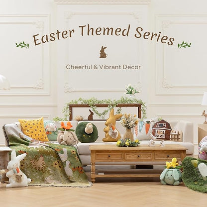 Phantoscope Happy Easter Egg Shaped Throw Pillow with Bunny, Teddy Fleece Soft Egg Pillow with Floral Embroidered Decorative Pillows for Couch Sofa Bed Chair, Favors Gifts, Green, 14.5 x 12.5 Inches