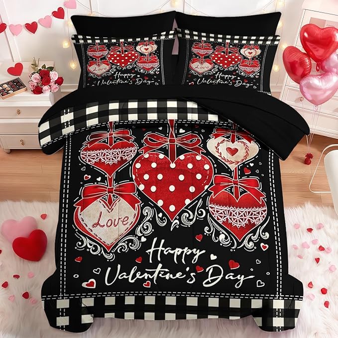 Nesker 7 Pcs Valentine's Day Comforter Set Queen Size, Polka Dots Heart Bedding Set for Kids and Adults, Sweet Love Romantic Sheets Bed Sheet Sets with Fitted Sheet 2 Pillowcases & 2 Shams