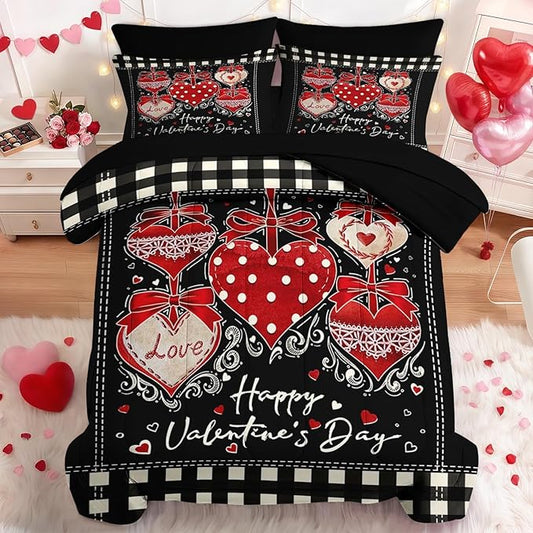 Nesker 7 Pcs Valentine's Day Comforter Set Queen Size, Polka Dots Heart Bedding Set for Kids and Adults, Sweet Love Romantic Sheets Bed Sheet Sets with Fitted Sheet 2 Pillowcases & 2 Shams