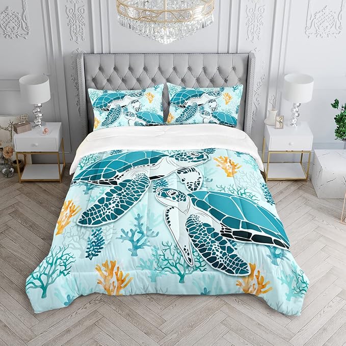 HOSIMA Sea Turtle Comforter Set,Coastal Beach Themed Bedroom Comforter Set Queen Size for Kids Teen Girls Boys Room Decor,Turtle Twin Bed in a Bag for Girls with 2 Pillowcases.