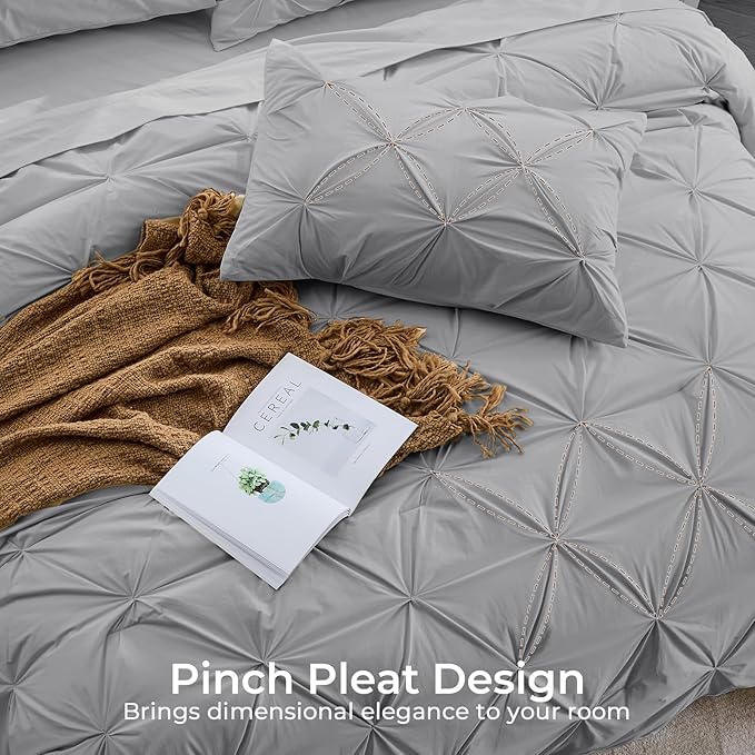 Sasttie Queen Comforter Set, 7-Piece Bed in a Bag, Pintuck Bedding Sets for All Season, Includes Comforter, Flat Sheet,Fitted Sheet, Pillowcases and Pillowshams, Light Grey