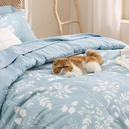 Bedsure Sky Blue Twin Comforter Set - 5 Pieces Floral Bedding Sets, Twin Bed in a Bag with Reversible Botanical Flowers Comforter, Sheets, Pillowcase & Sham