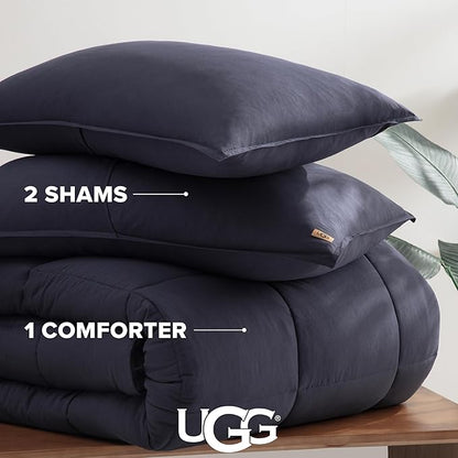 UGG Leonora Comforter Set with 2 Pillow Shams Lightweight Down Alternative Blanket Reversible Cozy Warm All Season Washable and Hypoallergenic Bedding Set, King, Navy Blue