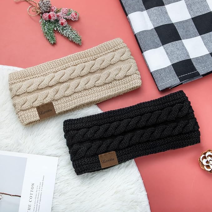 Loritta 2 Pack Headbands for Women Winter Warm Cable Knit Ear Warmer Thick Head Wrap Fuzzy Fleece Lined Gifts