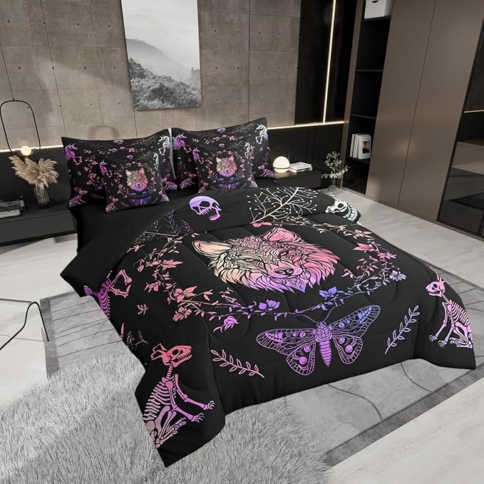 Wolf Full Size Comforter Set 7 Pcs,Gothic Wild Animals Skeleton Comforter Blanket,Exotic Bohemian Flowers Leaves Bedding Sets with Comforter,Flat Sheet,Fitted Sheet,Pillowcases and Pillow Covers