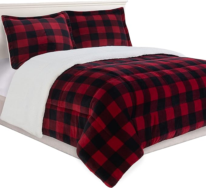 Elegant Comfort 3-Piece Buffalo Lodge-Plaid Comforter Set, Luxurious, Heavyweight, All Season, Down Alternative-Micromink Sherpa-Backing Reversible Micro-Suede, Soft and Plush, Queen, Burgundy/Black