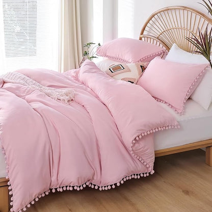 YIRDDEO King Size Comforter Set - King Size Comforter with Ball Pom Fringe, Soft King Bedding Set for All Seasons - 3 Pieces, 1 Comforter (104"x90"inches) & 2 Pillow Shams(20"x36"), Dust Pink
