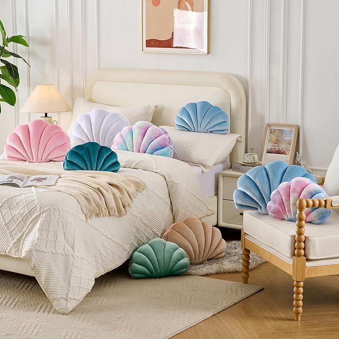 Seashell Decorative Pillow Shell Shaped Throw Pillow 3D Insert Beach Pillow Soft Velvet Pillow Sea Ocean Decoration Couch Bed Pillow Cushions(Blue,18 X 13 inch)