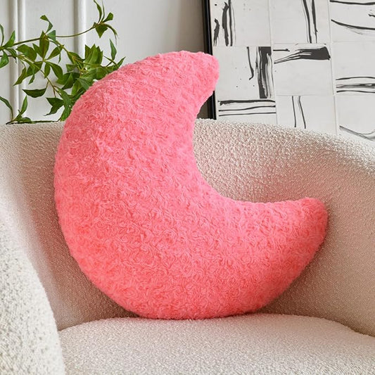 Moon Shaped Pillow with Soft Faux Fur for Couch, Bed, Sofa - Cute Half Moon Pillows with Room Decor for Bedroom, Living Room (19 Inches, Rose Pink)