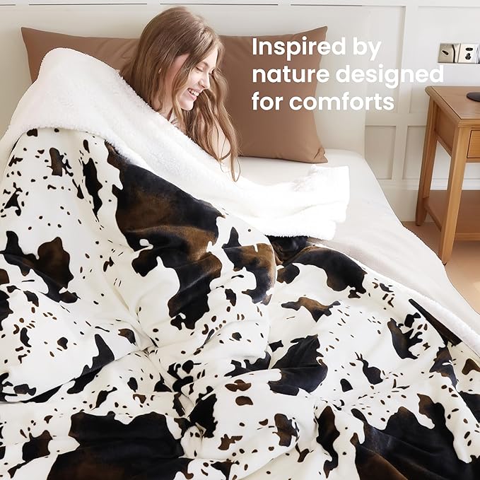 Cow Print Heated Blanket Full-Heating Electric Blanket Full with 10 Heat Levels & 10 Hours Auto-Off, Cozy Soft Fleece Sherpa, Washable, 72 x 84 Inches Cow Print White