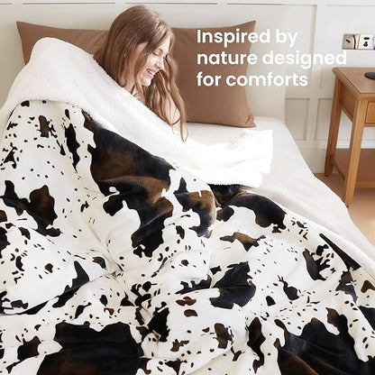Cow Print Heated Blanket Full-Heating Electric Blanket Full with 10 Heat Levels & 10 Hours Auto-Off, Cozy Soft Fleece Sherpa, Washable, 72 x 84 Inches Cow Print White
