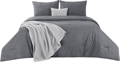Bedsure 5 PCS Cotton Comforter Set with Waffle Throw Blanket - Soft Breathable Bedding Set for All Seasons, Dark Grey Comforter King Size, Pillow Shams, Grey 100% Cotton Blanket, Throw Pillow