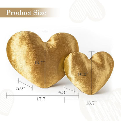 AELS Heart Shaped Pillow, Set of 2, Heart Decorative Throw Pillows, Velvet Love Pillows 20 & 16 Inches, Cute Valentines Day Decorations, Wedding Decor, Living Room Bedroom Nursery Decor, Golden
