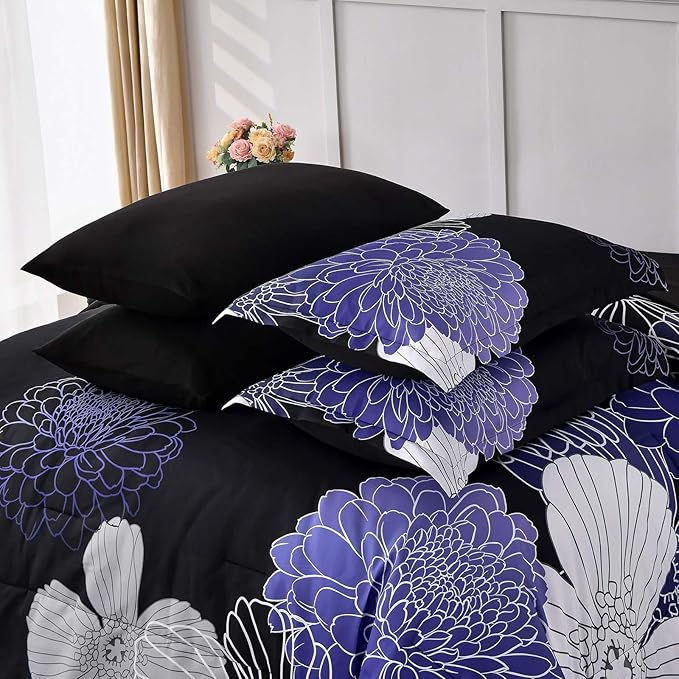 Yiran Floral Comforter Set King 7 Pieces Bed in a Bag Purple White Black Flower Comforter Soft Microfiber Bedding Sets for All Seasons 104"×90"