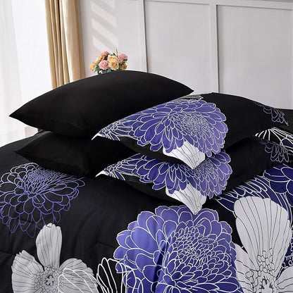 Yiran Floral Comforter Set King 7 Pieces Bed in a Bag Purple White Black Flower Comforter Soft Microfiber Bedding Sets for All Seasons 104"×90"