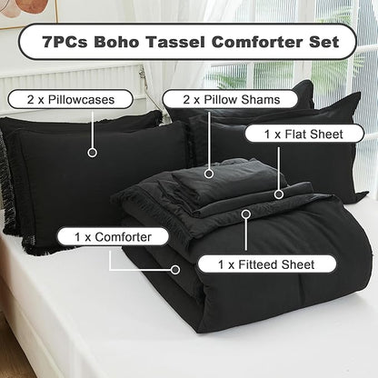 Andency Black Queen Size Comforter Set with Sheets - 7 Pieces Boho Tassel Bed in a Bag Soft Lightweight Bedding Sets, Black Fringe Bed Set with Comforter, Sheets, Pillowcases & Shams