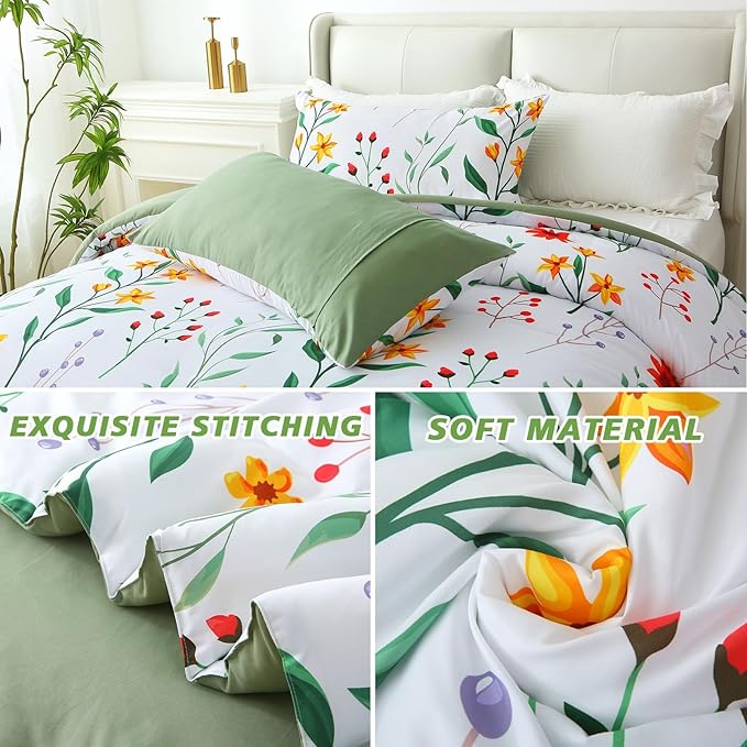 Queen Comforter Set Green 3 Pieces Bed in a Bag, Colorful Floral Bedding Sets Elegant Botanical Bed Set Lightweight Soft Comforter with 2 Pillowcases for All Season