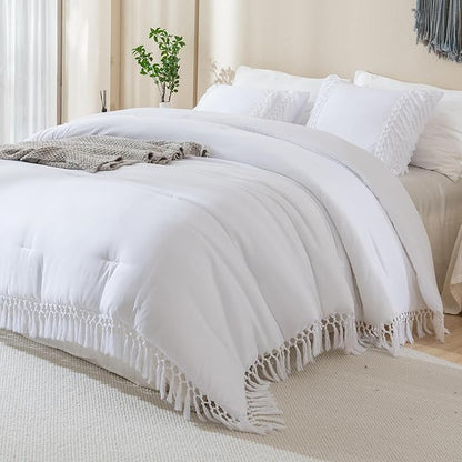 Andency White Comforter Set Queen, 3 Pieces Boho Tassel Lightweight Soft Bedding Comforter Sets, All Season Fluffy Fringe Bed Set (90x90In Comforter & 2 Pillowcases)