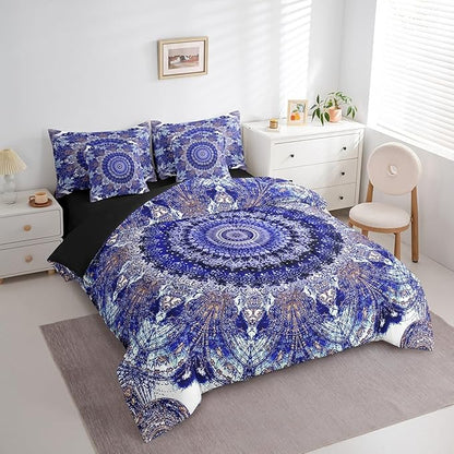 Erosebridal Oriental Medallion Bed in a Bag Vintage Mandala Bedding Set, Persion Floral Queen Comforter Set 7-Piece Abstract Flower Bedding Comforter Sets Girls Aesthetic Bed Sheets Set