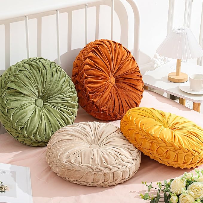 4 Pcs Round Throw Pillows Decorative Velvet Pleated Throw Pillows 15'' Diameter Accent Pumpkin Boho Chair Cushion for Couch Sofa Chair Bed Home Decoration (Fall Color)