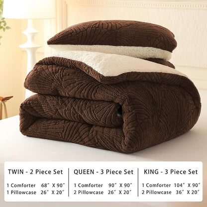 Seashell Jacquard Sherpa Comforter Set Warm Cozy Premium Bedding 3 Pieces, King Size Geometric Pattern Quilt Comforter with 2 Pillowcases(104"X90" Coffee)
