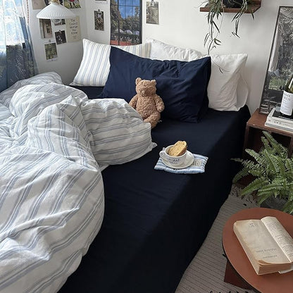 mixinni Vintage Light Blue & White Striped Comforter Set Twin XL Size - Soft Washed Cotton 3-Piece Bedding Set (1 Comforter + 2 Pillowcases), Retro Geometric Pattern, All-Season Breathable & Fluffy
