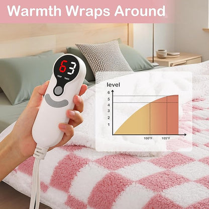 Electric Heated Blanket Full Size 72"×84" with 9 Heating Levels & 1-10Hs Auto Off, Checkered Plaid Double Sided Sherpa, Energy Efficient, Machine Washable, for Couch & Bed, Light Pink