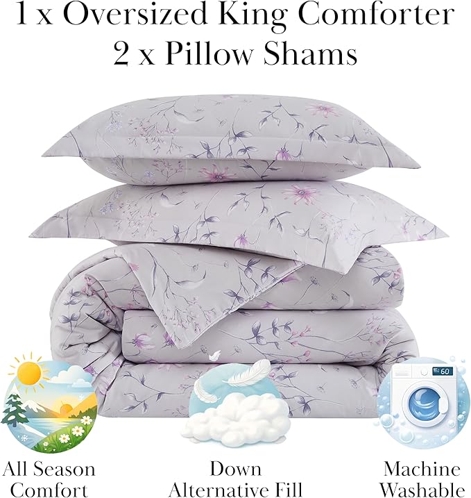 Southshore Fine Living, Inc. 3-Piece Comforter California King Size, Down Alternative All-Season Comforter with Matching Shams, Soft Floral Bedspread for California or King Bed, Secret Meadow Grey