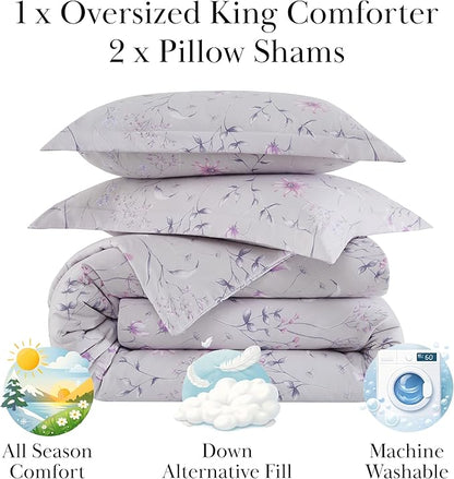 Southshore Fine Living, Inc. 3-Piece Comforter California King Size, Down Alternative All-Season Comforter with Matching Shams, Soft Floral Bedspread for California or King Bed, Secret Meadow Grey