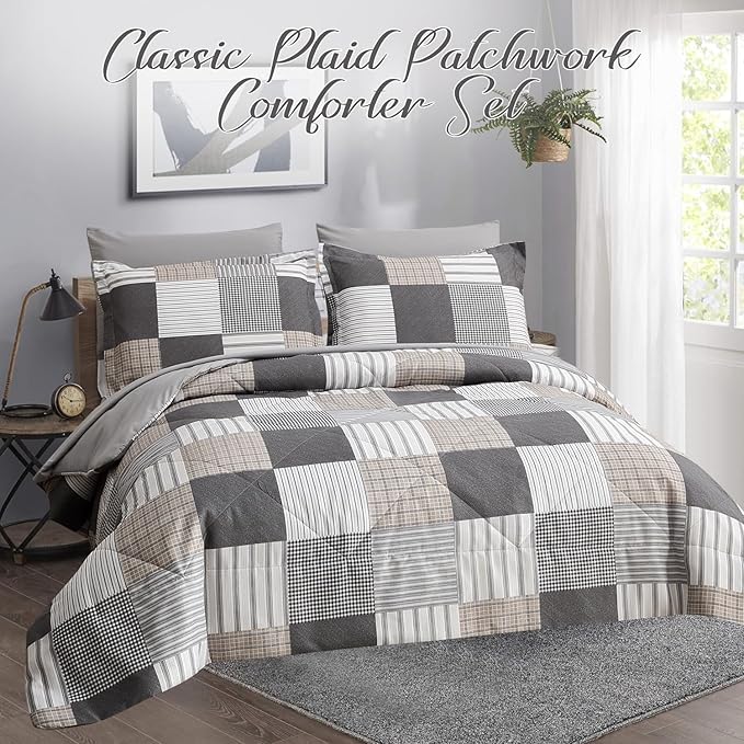 Comforter Set Queen Size Plaid Patchwork Comforter Bedding-7 Piece Bed in a Bag,Soft Fluffy Reversible Microfiber Bedding Set(1 Comforter,1 Flat Sheet,1 Fitted Sheet,2 Pillowcases,2 Pillow Shams),Grey