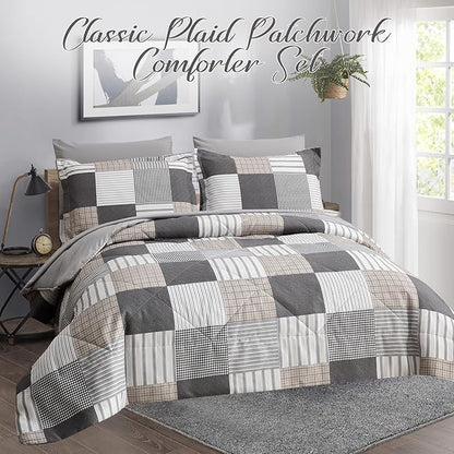 Comforter Set King Size Plaid Patchwork Comforter Bedding-7 Piece Bed in a Bag,Soft Fluffy Reversible Microfiber Bedding Set(1 Comforter,1 Flat Sheet,1 Fitted Sheet,2 Pillowcases,2 Pillow Shams),Grey