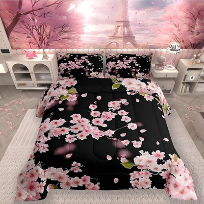 Erosebridal Cherry Blossoms Comforter Set,Japanese Style Duvet Insert Girls Woman Nature Plant Flower Floral Down Alternative,Decor 3Pcs Bedding Set (1 Quilted Duvet 2 Pillow Shams) King,Pink Black