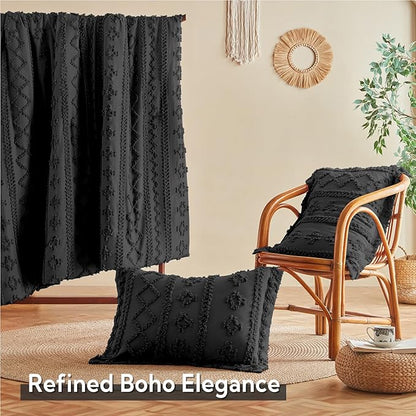 MR&HM Full Size Bed Sheets and Comforter Set Black, 7 Pieces Tufted Boho Beddding Sets, Farmhouse Style Bed in a Bag with 1 Comforter, 2 Pillow Shams, 2 Pillowcases, 1 Flat Sheet, 1 Fitted Sheet