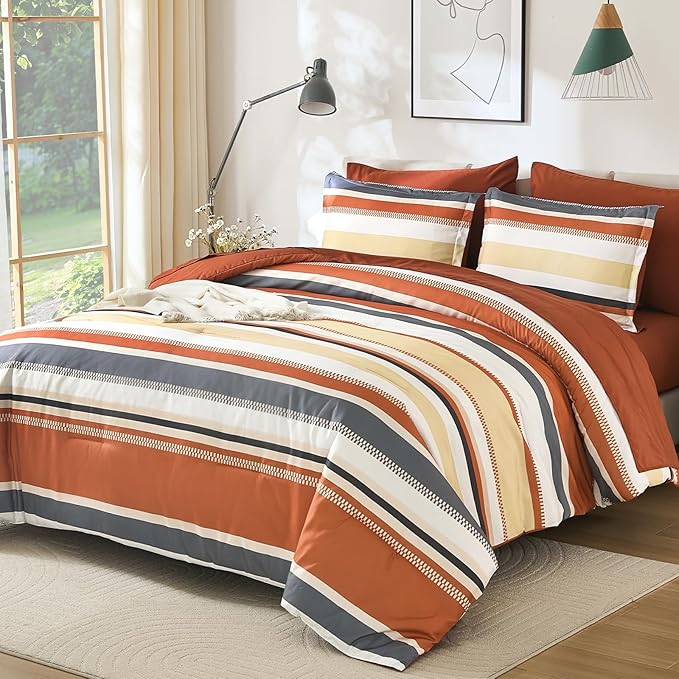 WONGS BEDDING Queen Size Comforter Set, 7 Pieces Bed in a Bag Orange Queen Bed Set, Soft Boho Striped Bedding Sets with Sheets, Pillowcases & Shams