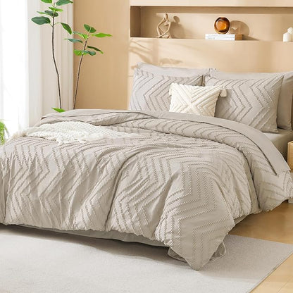 Litanika Oversized Queen Size Comforter Set with Sheets Oatmeal - 7 Pieces Bed in a Bag Oversized King Boho Tufted Complete Bedding Sets with Comforter, Sheets, Pillowcases & Shams