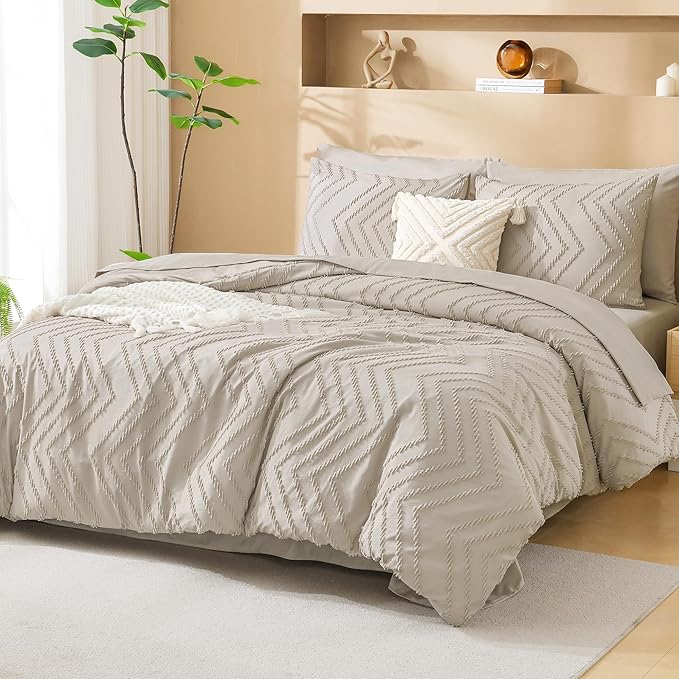 Litanika Oversized Alaskan King Comforter Set with Sheets 128x120, 7 Pieces Super King Plus Bed in a Bag Boho Tufted Bedding Comforter Sets Oatmeal