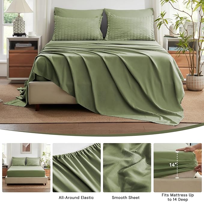 Zzlpp King Size Comforter Set 7 Pieces, Olive Green Seersucker Bed in a Bag with Sheets, All Season Bedding Sets with 1 Comforter, 2 Pillow Shams, 2 Pillowcases, 1 Flat Sheet, 1 Fitted Sheet