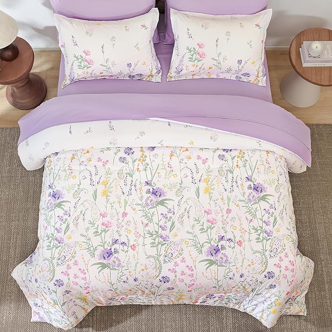 Yiran Purple Floral Comforter Set Queen Size, 7 Piece Cute Flower Comforters Bed in a Bag Lavender, Soft Microfiber Complete Aesthetic Botanical Bedding Set with Sheets for Women Girls