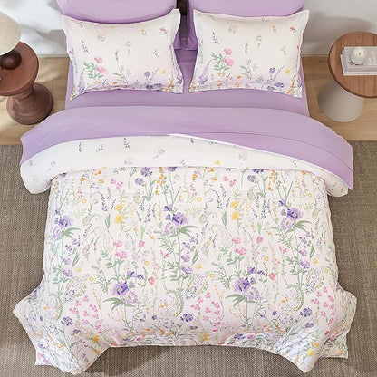Yiran Purple Floral Comforter Set Queen Size, 7 Piece Cute Flower Comforters Bed in a Bag Lavender, Soft Microfiber Complete Aesthetic Botanical Bedding Set with Sheets for Women Girls