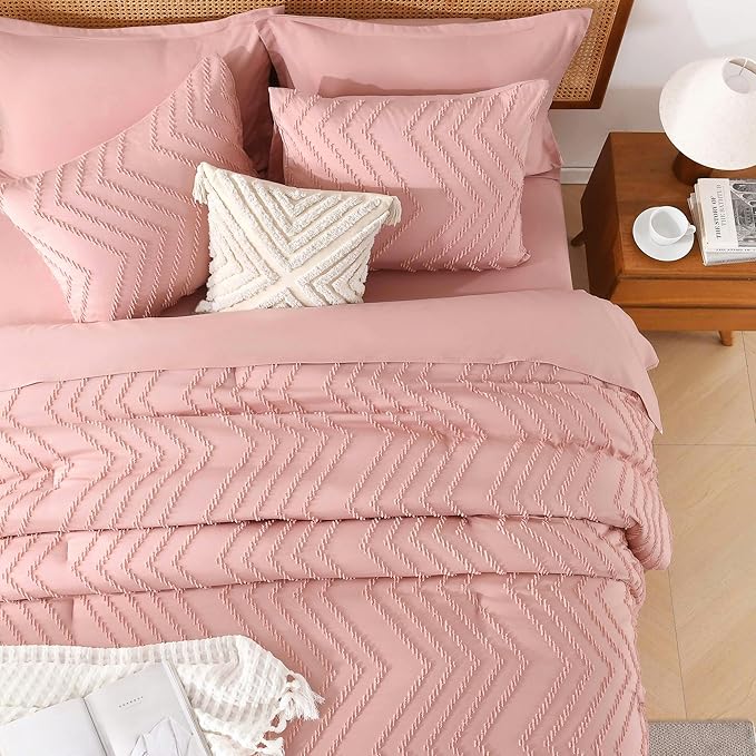 Litanika Blush Pink Queen Size Comforter Set with Sheets - 7 Pieces Bed in a Bag Queen Boho Tufted Complete Bedding Sets with Comforter, Sheets, Pillowcases & Shams