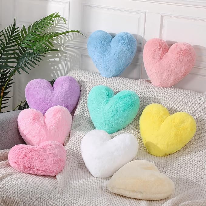 9 Pcs Pastel Colors Easter Heart Pillow Faux Rabbit Fur Fluffy Love Heart Throw Pillows Cute Decorative Soft Throw Cushion Gift for Women Couch Bed Sofa Chair Home 11 in